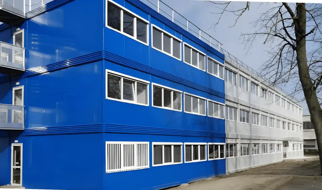 Bureaux modulaires de réemploi couleurs bleu et blanc sur 3 étages