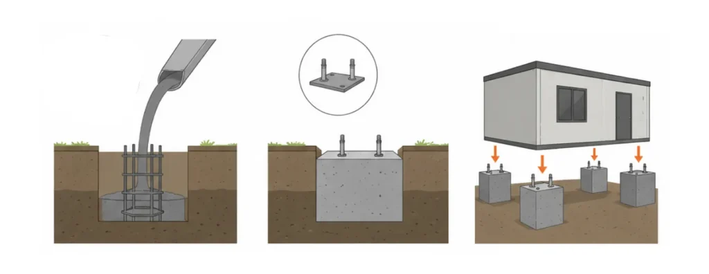 Visuel illustrant quelques étapes de l'installation de plots en béton pour un bâtiment modulaire